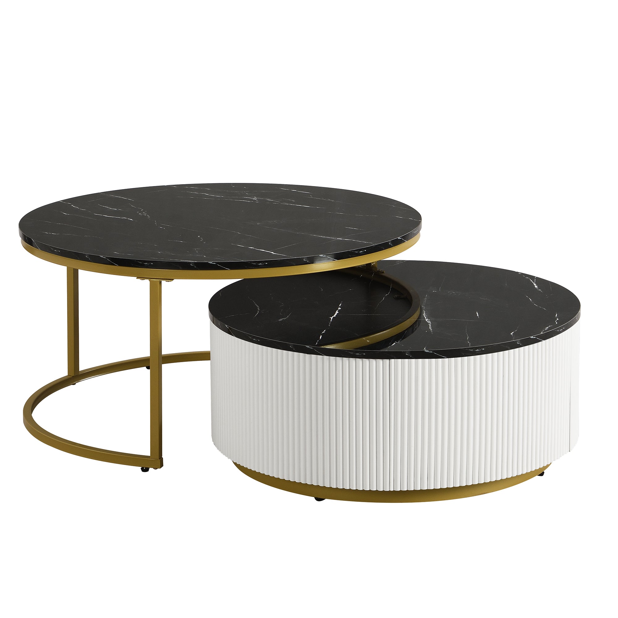 Modern Round Nesting Coffee Table Fluted with Drawer in Black & Gold in 31.5'' - Grand Goldman Shop