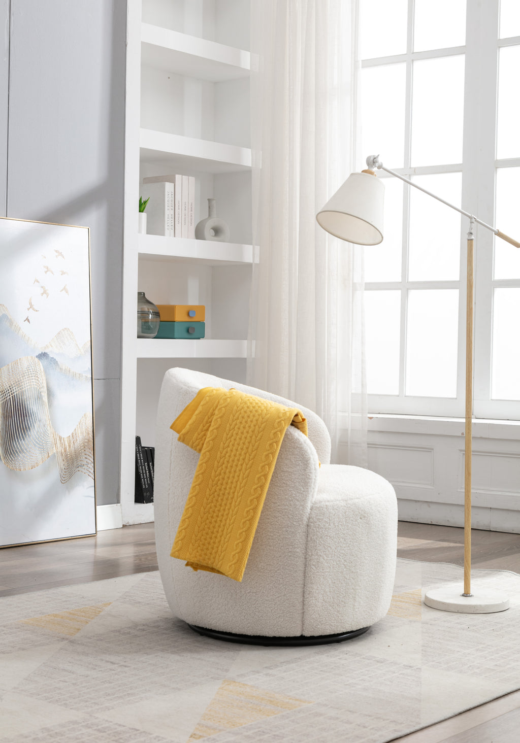 Teddy Fabric Swivel Accent Armchair Barrel Chair With Black Powder Coating Metal Ring,Ivory White - Grand Goldman Shop