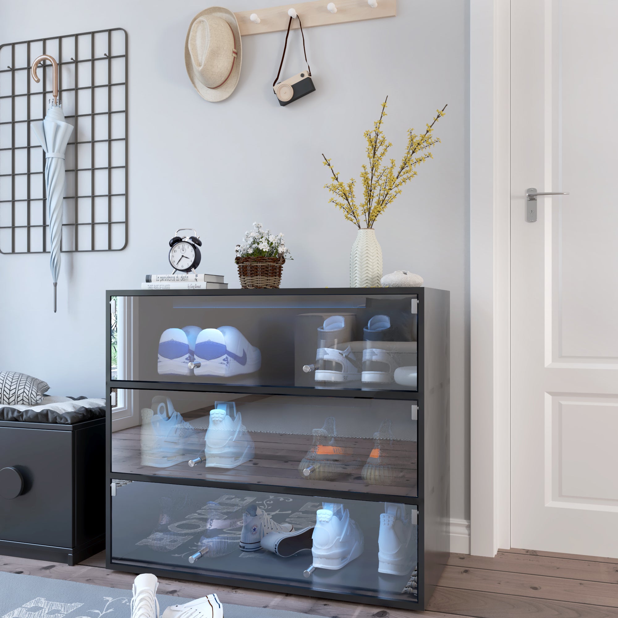 Black Glass Door Shoe Box Shoe Storage Cabinet  With RGB Led Light - Grand Goldman Shop