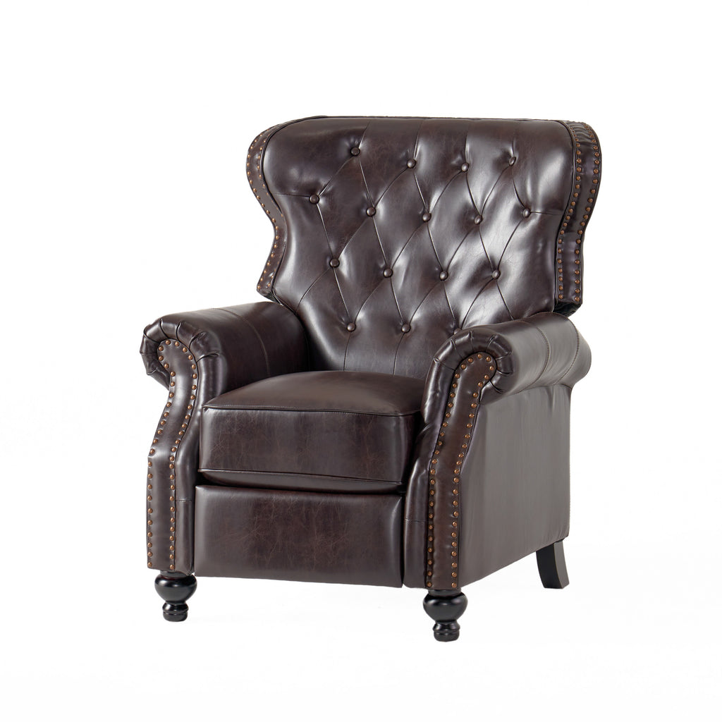 Contemporary Style Push Back Recliner with Button-Tufted Stitching and Nailhead Trim in Dark Brown PU - Grand Goldman Shop