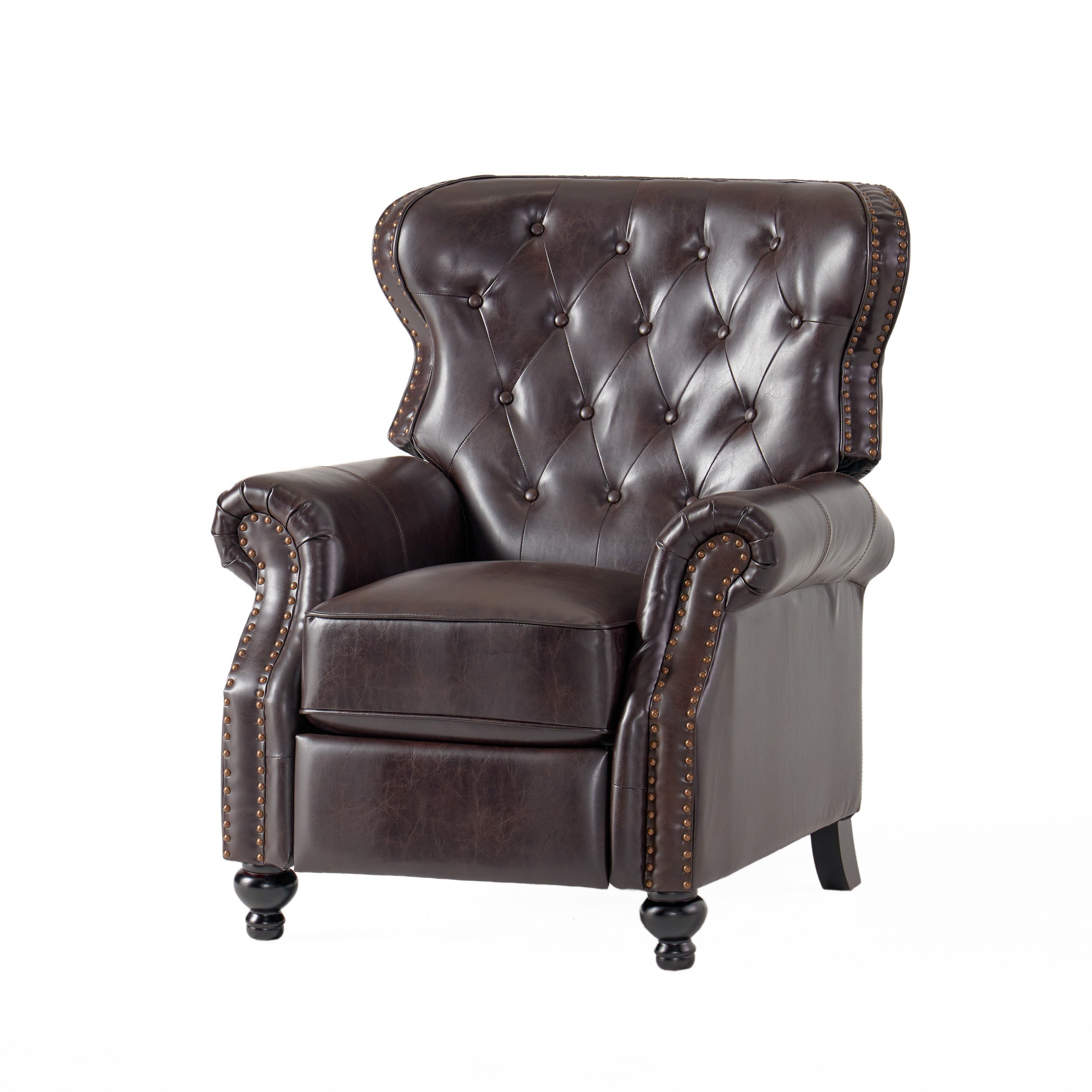 Contemporary Style Push Back Recliner with Button-Tufted Stitching and Nailhead Trim in Dark Brown PU - Grand Goldman Shop