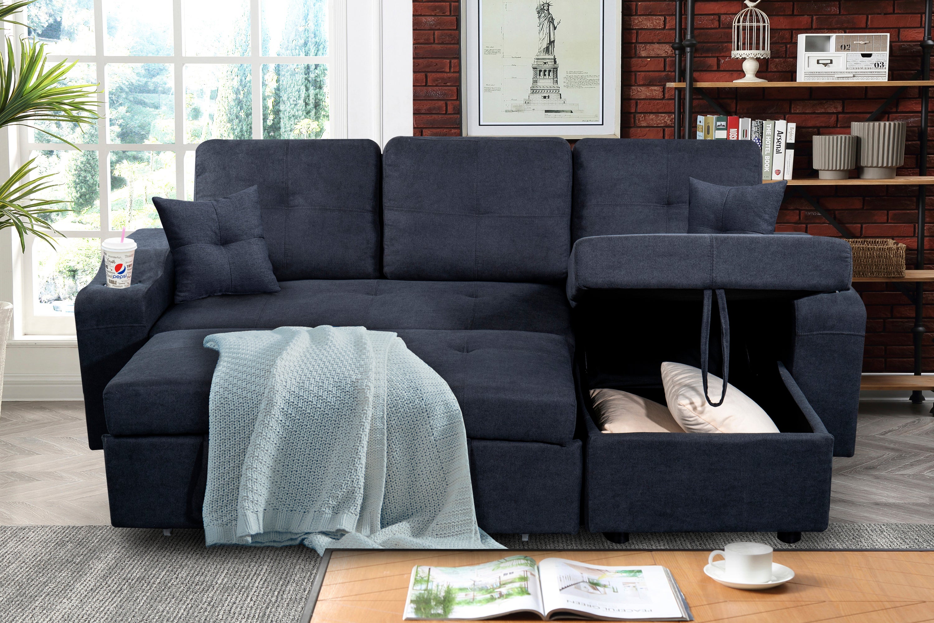 Right-facing sectional sofa with footrest, convertible corner sofa with armrest storage, living room and apartment sectional sofa, right chaise longue and  dark  grey - Grand Goldman Shop