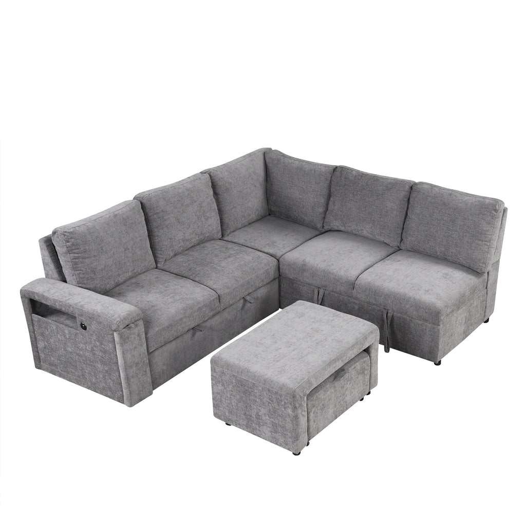 U_STYLE L-shaped Pull-Out Sofa Bed with Storage, USB Ports, and Cup Holders, Modular Design for Living Rooms, Offices & Apartments - Grand Goldman Shop