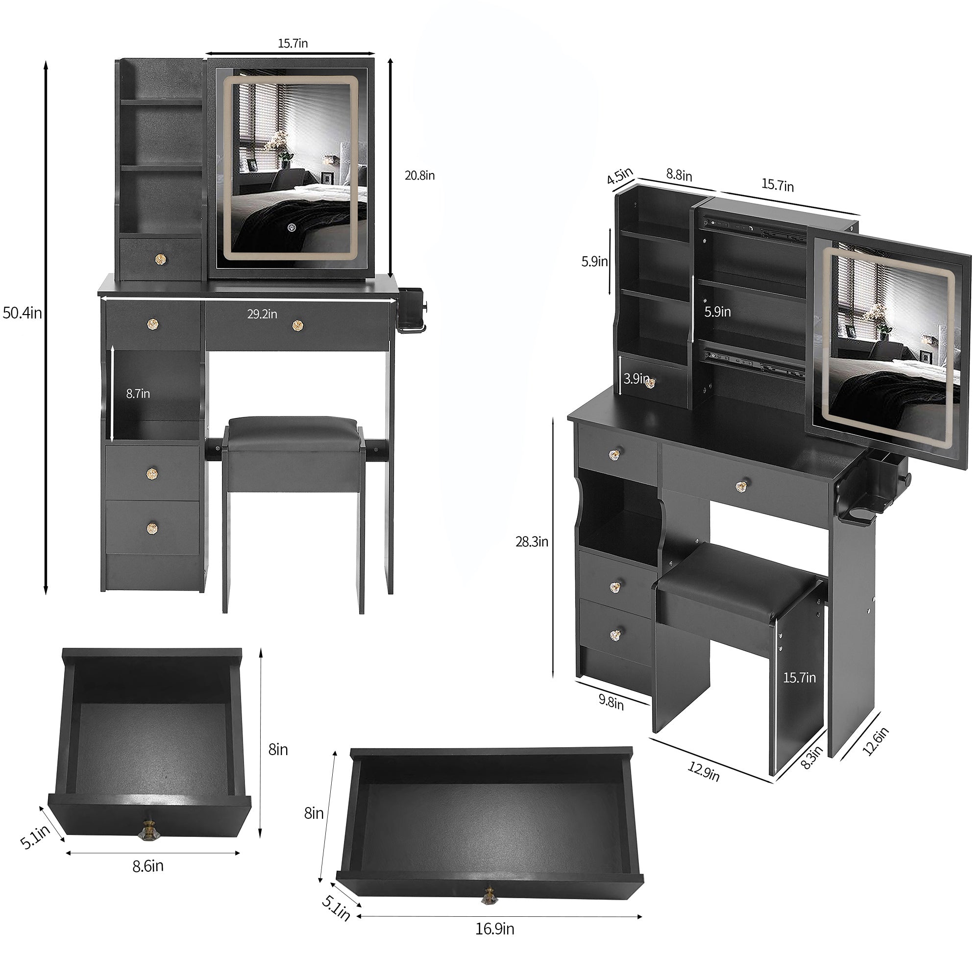 29.2' Small Size Left Drawer Desktop Vanity Table + Cushioned Stool, 2 AC+2 USB Power Station, Hair dryer bracket, Extra Large Touch Control Sliding LED Mirror, Tri-color Switching, Brightness Adjust - Grand Goldman Shop