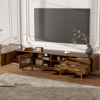 Modern TV Stand for 75-85 inch TVs with Fluted Glass Doors, 2 Drawers, Walnut Solid Wood Legs, 78.7'' L - Grand Goldman Shop