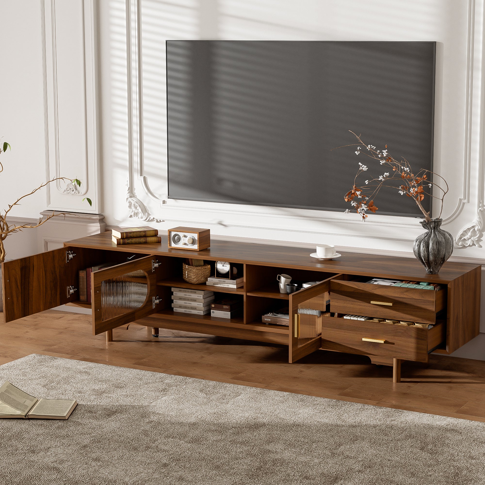 Modern TV Stand for 75-85 inch TVs with Fluted Glass Doors, 2 Drawers, Walnut Solid Wood Legs, 78.7'' L - Grand Goldman Shop
