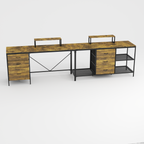 Industrial L-Shaped Computer Desk with Power Outlets & USB-C, Rustic Brown Metal Frame, 6 Fabric Drawers, 3 Open Shelves, Mov