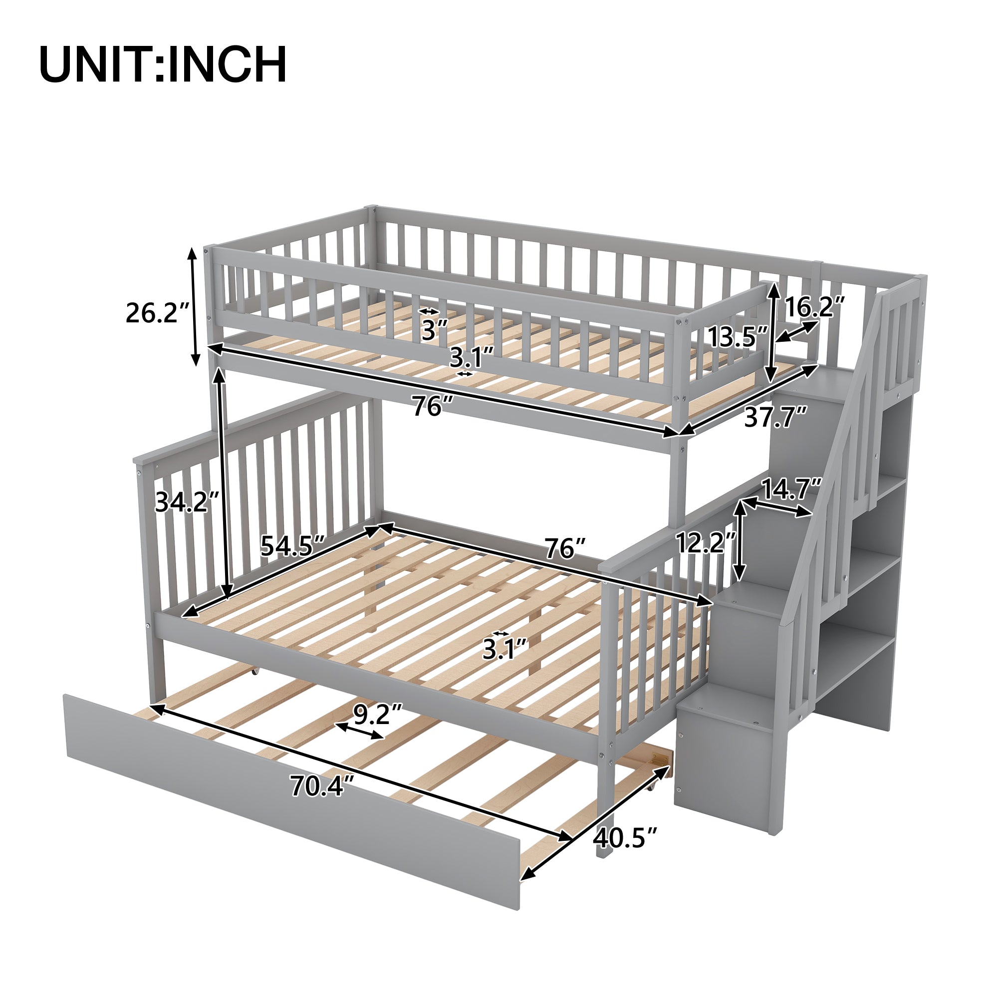 Spacey Twin over Full Bunk Bed with Trundle and Staircase, Grey - Grand Goldman Shop