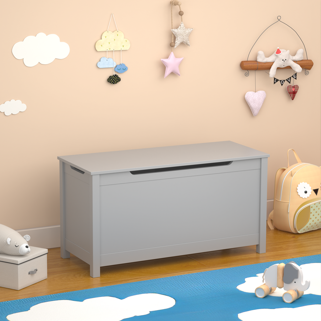 Kids Wooden Toy Box Storage with Safety Hinged Lid for Ages 2+ (Gray) - Grand Goldman