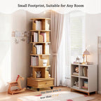 6 Tier Rotating Bookshelf, 360° Display Round Spinning Bookshelf with Wheels and Drawer, Space-Saving, Small Space Rotating Bookshelf Tower for Bedroom, Living Room, Home, Office, Wood Color - Grand Goldman Shop