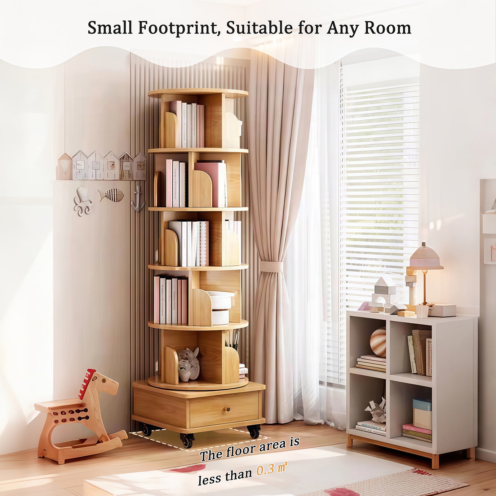 6 Tier Rotating Bookshelf, 360° Display Round Spinning Bookshelf with Wheels and Drawer, Space-Saving, Small Space Rotating Bookshelf Tower for Bedroom, Living Room, Home, Office, Wood Color - Grand Goldman Shop
