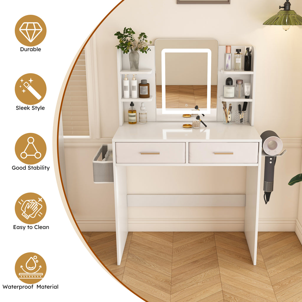 Elegant LED Mirror Vanity Dressing Table with Adjustable Lights, Drawers & Storage, White MDF, 27.56 x 15.75 Inches - Grand Goldman Shop