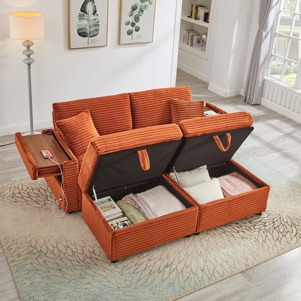Comfortable Fluffy Corduroy Lazy Sofa, Storage Space for Big Loveseat, Super Soft Chaise Lounge with Double Ottomans and Table Board,Suitable for Chailiving - Grand Goldman Shop