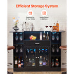Home Bar Unit, Wine Bar Cabinet Table 4-Tier with Storage Drawer Shelves, Wine Glass Holder, Bottle Rack, LED Light, Wood & Metal Liquor Cabinet for Home, Basement, Kitchen, Living Room, Black - Grand Goldman Shop