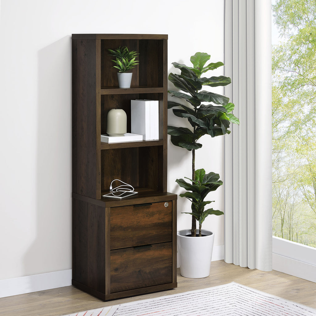 Geary Dark Pine 3-Shelf Bookcase with USB Charging and Lockable Top Drawer in Dark Brown Engineered Wood - Grand Goldman
