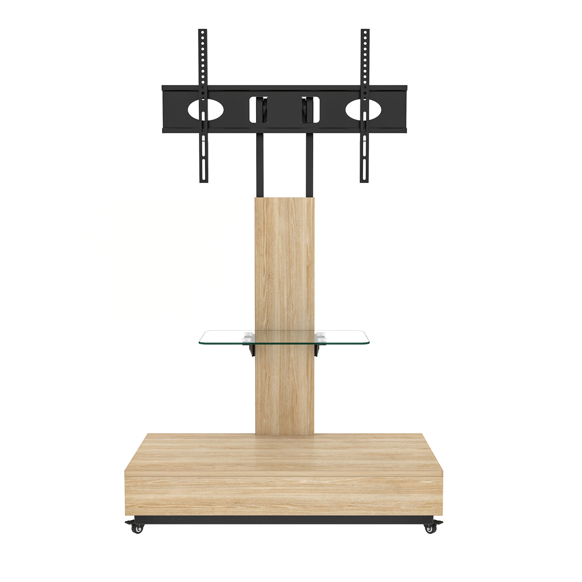 Natural Adjustable Height Mobile TV Cart with Push-Pull Drawer for 32-75 Inches, Wood & Glass TV Stand with Wheels - Grand Goldman Shop