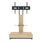 Natural Adjustable Height Mobile TV Cart with Push-Pull Drawer for 32-75 Inches, Wood & Glass TV Stand with Wheels - Grand Goldman Shop