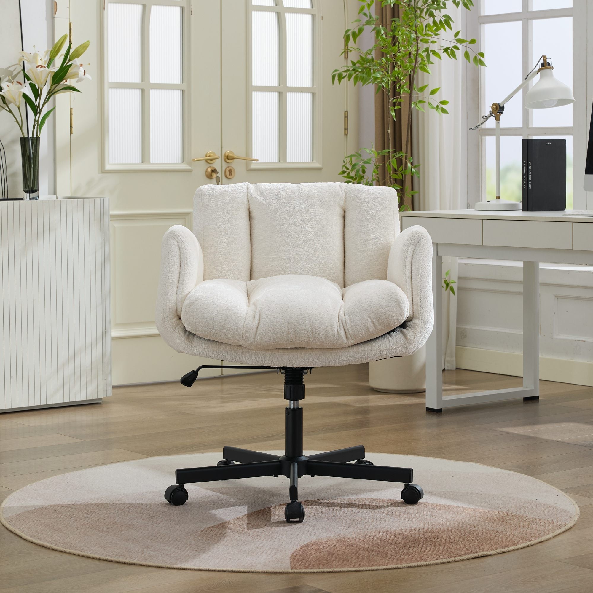 Modern Chenille Swivel Office Chair, Height Adjustable Task Chair with Convertible Multi-Position Armrests,Comfy Double Cushi