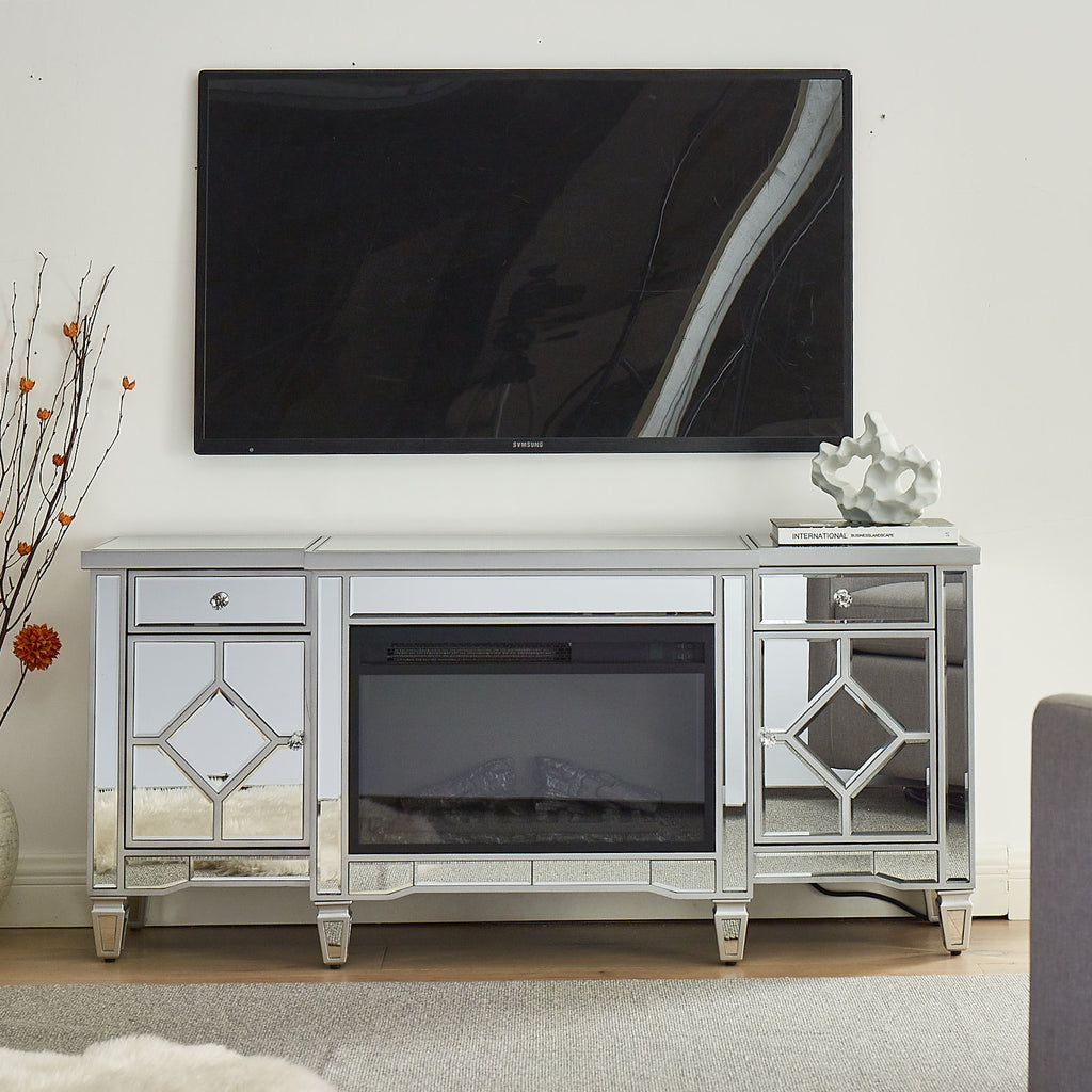W 57' X D 15 ' X H 25.6' Flash silver combination TV fireplace cabinet - Grand Goldman Shop