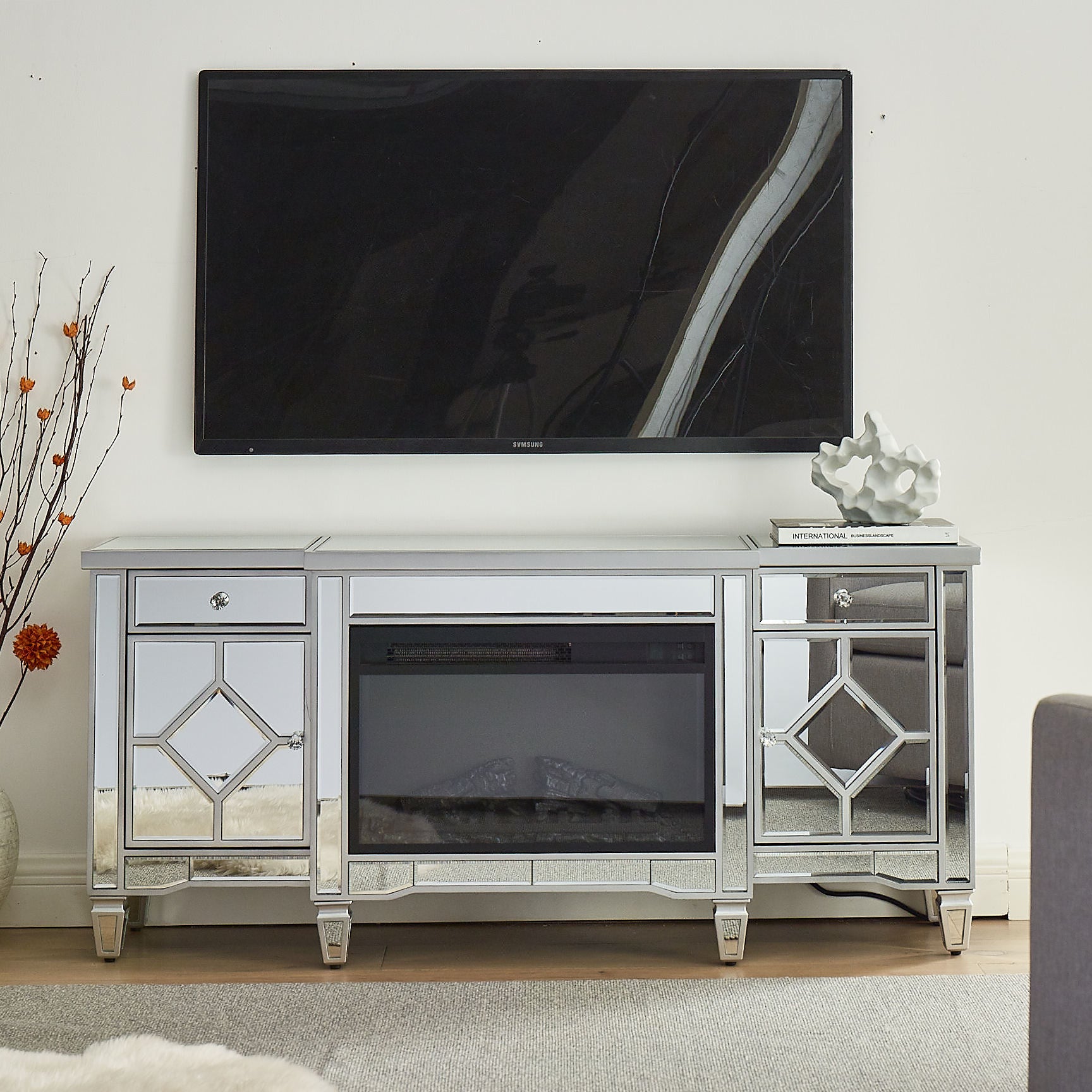 W 57' X D 15 ' X H 25.6' Flash silver combination TV fireplace cabinet - Grand Goldman Shop