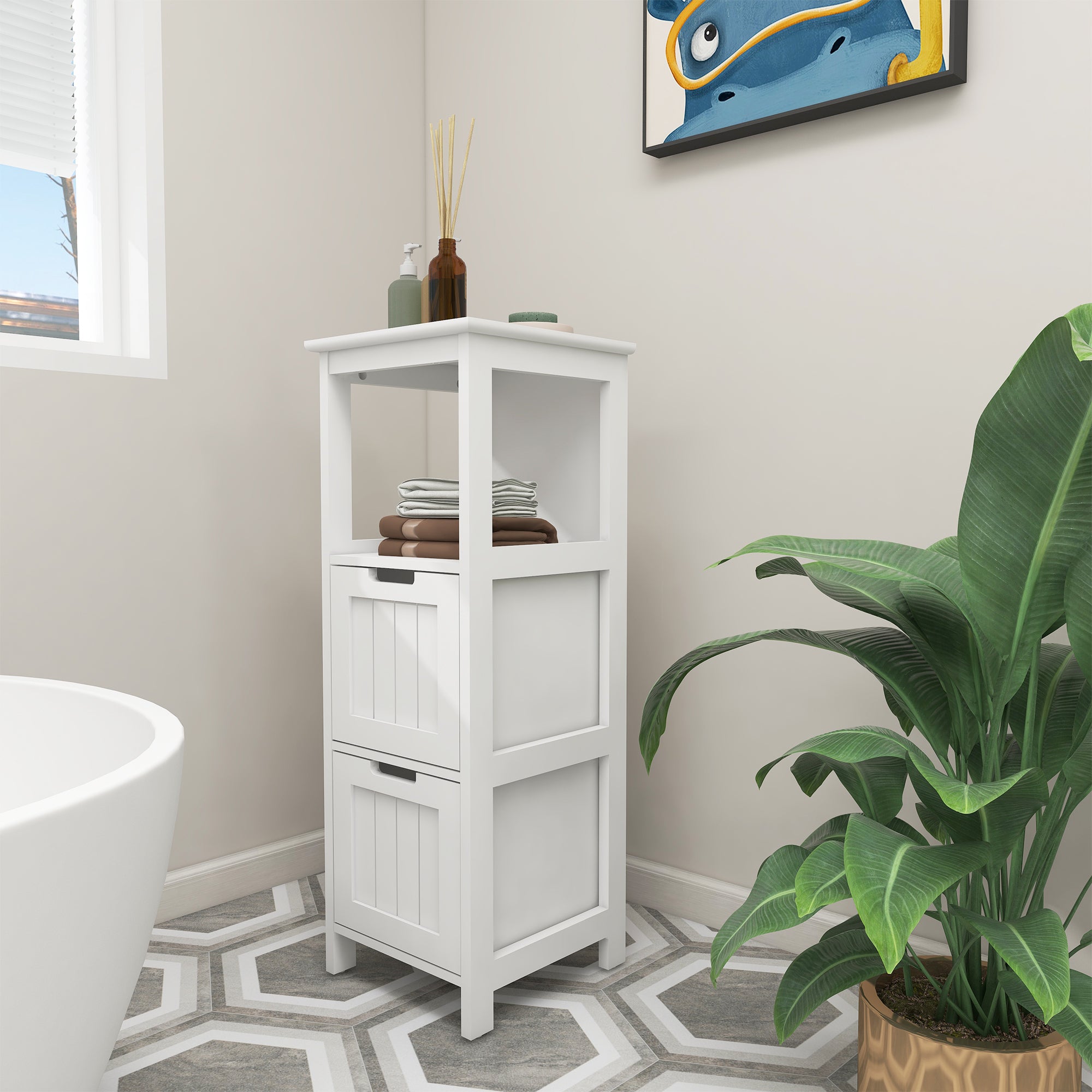 Bathroom Floor Cabinet with 2 Drawers and 1 Storage Shelf,Freestanding Wood Storage Organizer Cabinet-White - Grand Goldman Shop
