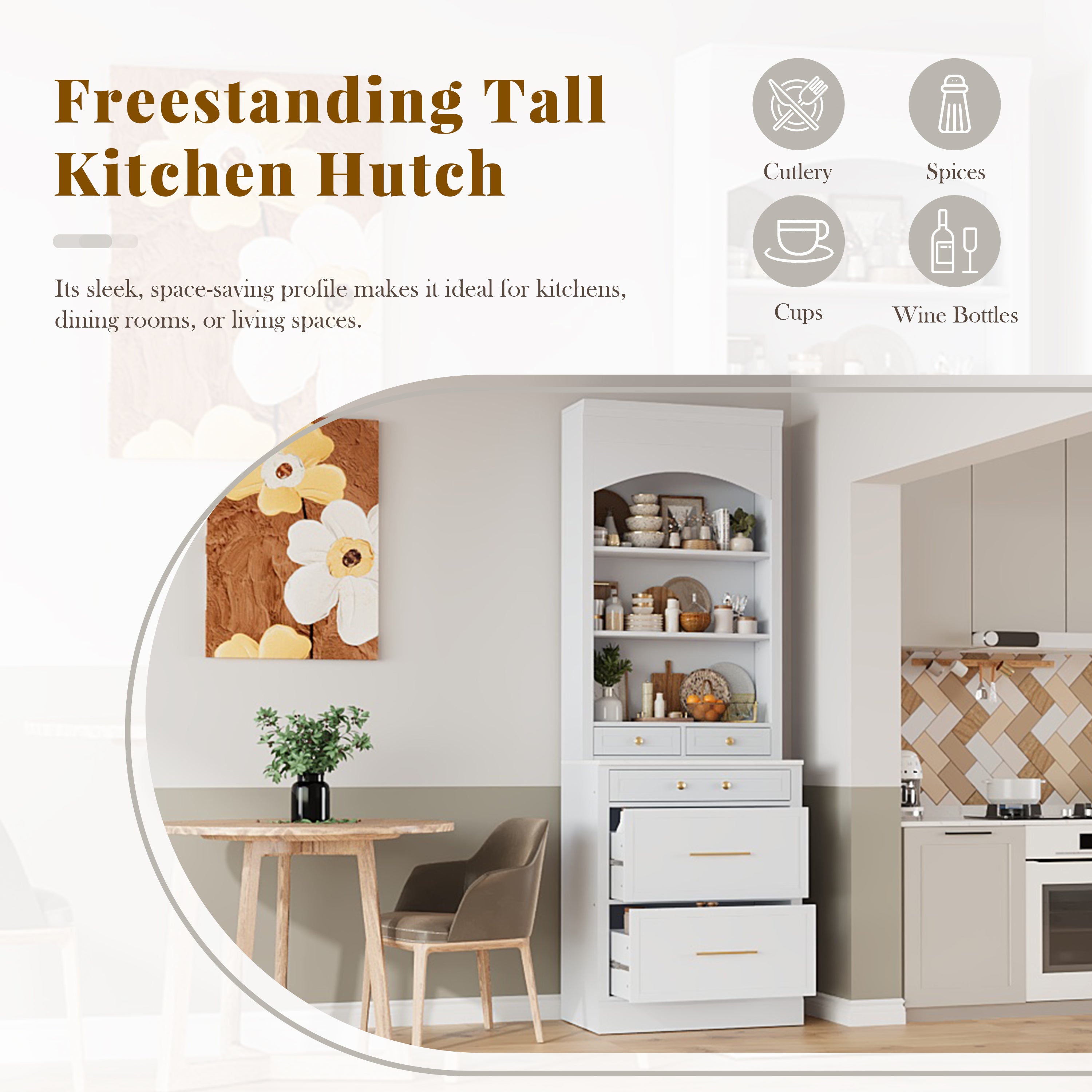 [Assembly Video Provided] TOPMAX Modern 83.7inch High Kitchen Pantry, Freestanding Tall Kitchen Hutch with Faux Marble Top,Cupboard Cabinet with 5 Storage Drawers and Adjustable Shelf, Set of 2, White - Grand Goldman Shop