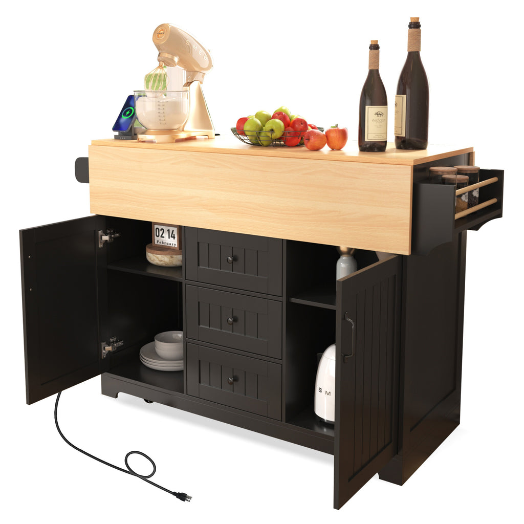 K&K 55.7'' Large Kitchen Island with 2 Drop Leaf,, Rolling Kitchen Cart on 5 Wheels with Power Outlet, Folding Storage Dining Table with Spice & Towel Rack , 3 Drawers, for Kitchen, Dining Room,Black - Grand Goldman Shop