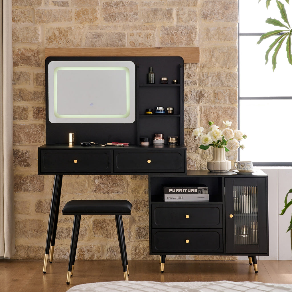 Modern Makeup Vanity Desk with Mirror and Lights, Retractable Design, Black Engineered Wood, 58.50 x 15.80 x 52.30 inches - Grand Goldman Shop