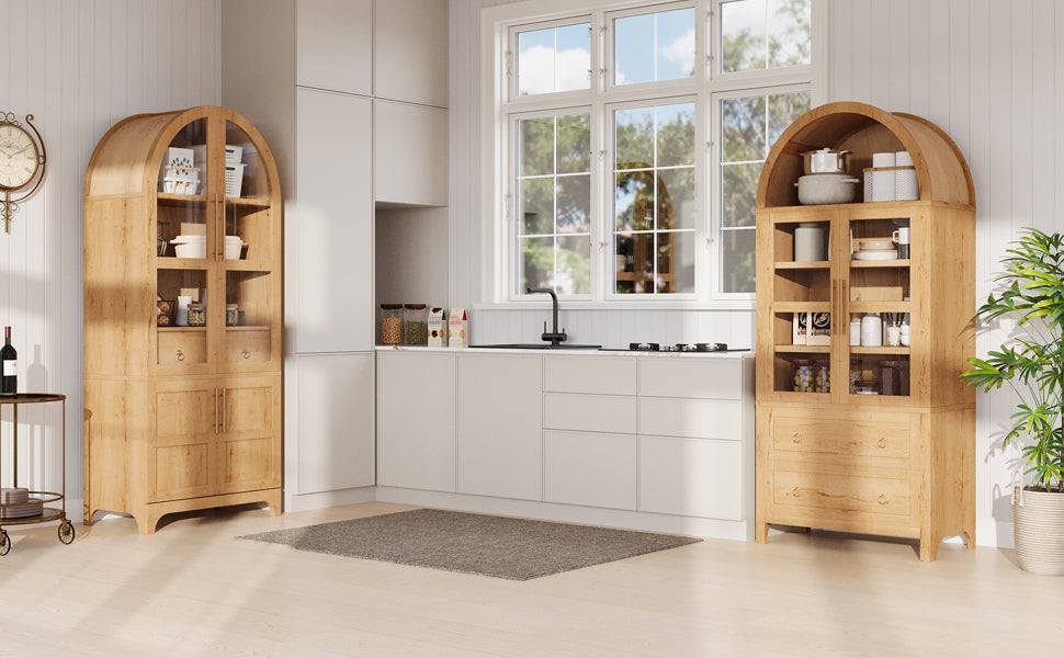 K&K 71' Tall Arched Kitchen Pantry Cabinet with Door Shelves, Farmhouse Kitchen Storage Cabinet with Open & Adjustable Shelves, Hidden Drawer & Glass Door, Cupboard for Kitchen, Dining Room, Natural - Grand Goldman Shop