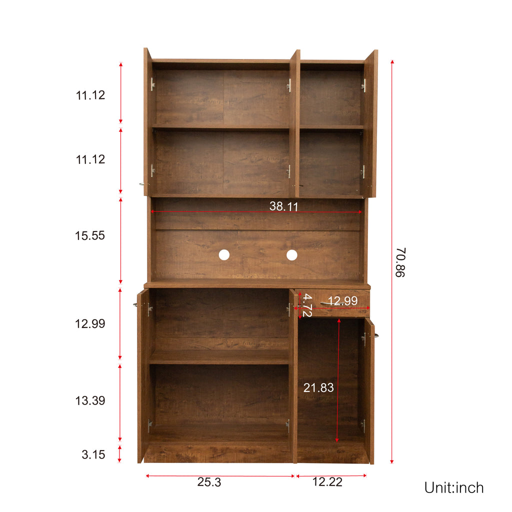70.87' Tall Wardrobe& Kitchen Cabinet, with 6-Doors, 1-Open Shelves and 1-Drawer for bedroom,Walnut - Grand Goldman Shop