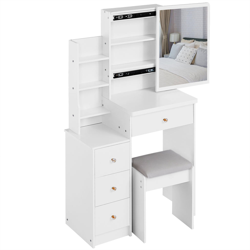 29.2' Small Space Left Bedside Cabinet Vanity Table + Cushioned Stool, Extra Large Right sliding mirror, Multi Layer High Capacity Storage, Practical Fashionable Dresser, EPA, GCC, UL Certificate - Grand Goldman Shop