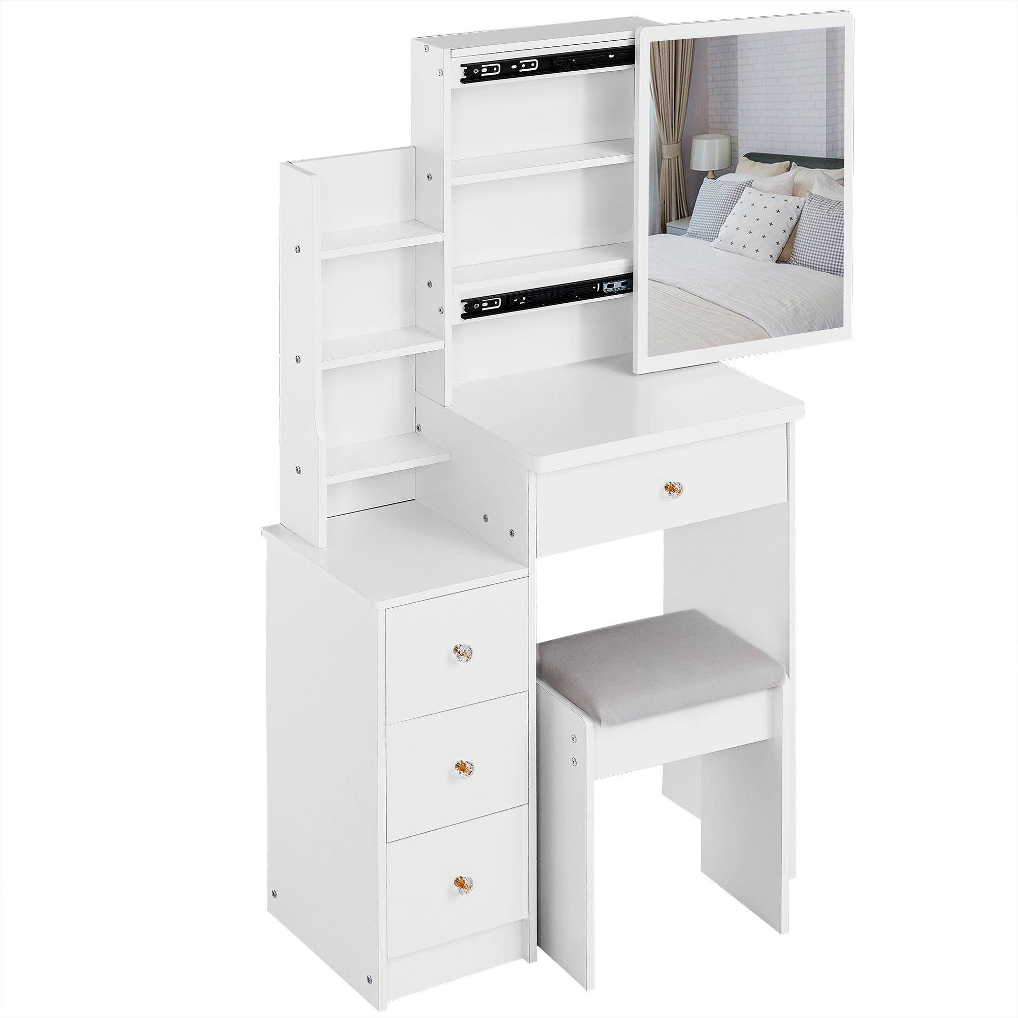 29.2' Small Space Left Bedside Cabinet Vanity Table + Cushioned Stool, Extra Large Right sliding mirror, Multi Layer High Capacity Storage, Practical Fashionable Dresser, EPA, GCC, UL Certificate - Grand Goldman Shop