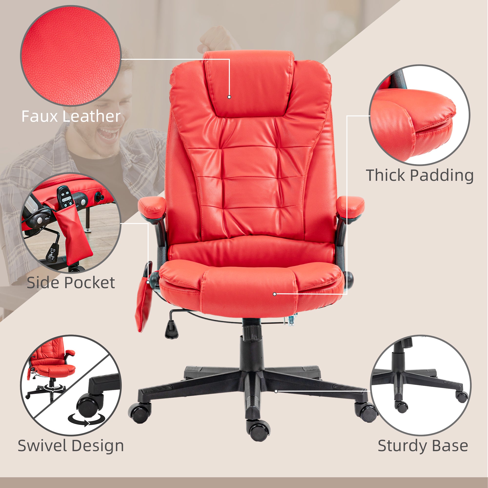HOMCOM High Back Vibration Massage Office Chair with 6 Vibration Points, Heated Reclining PU Leather Computer Chair with Armr