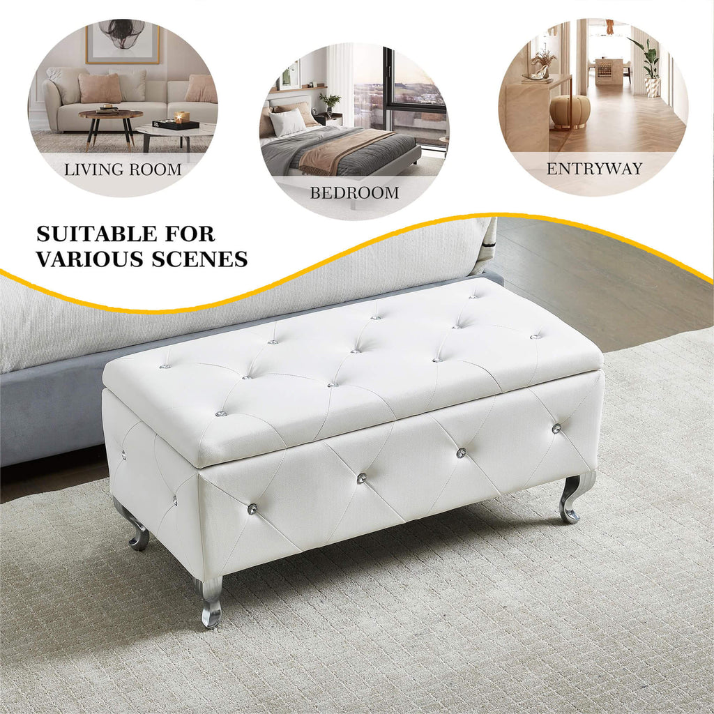 Upholstered Storage Ottoman Bench For Bedroom End Of Bed Faux Leather Rectangular Storage Benches Footrest With Crystal Buttons For Living Room Entryway (White) - Grand Goldman Shop