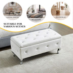 Upholstered Storage Ottoman Bench For Bedroom End Of Bed Faux Leather Rectangular Storage Benches Footrest With Crystal Buttons For Living Room Entryway (White) - Grand Goldman Shop