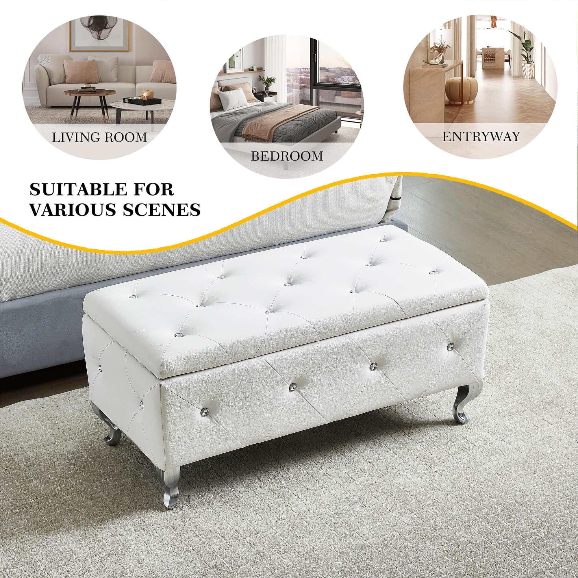 Upholstered Storage Ottoman Bench For Bedroom End Of Bed Faux Leather Rectangular Storage Benches Footrest With Crystal Buttons For Living Room Entryway (White) - Grand Goldman Shop