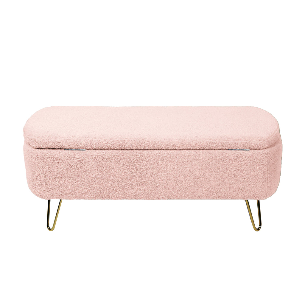 Pink Storage Ottoman Bench for End of Bed Gold Legs, Modern Grey Faux Fur Entryway Bench Upholstered Padded with Storage for Living Room Bedroom - Grand Goldman Shop