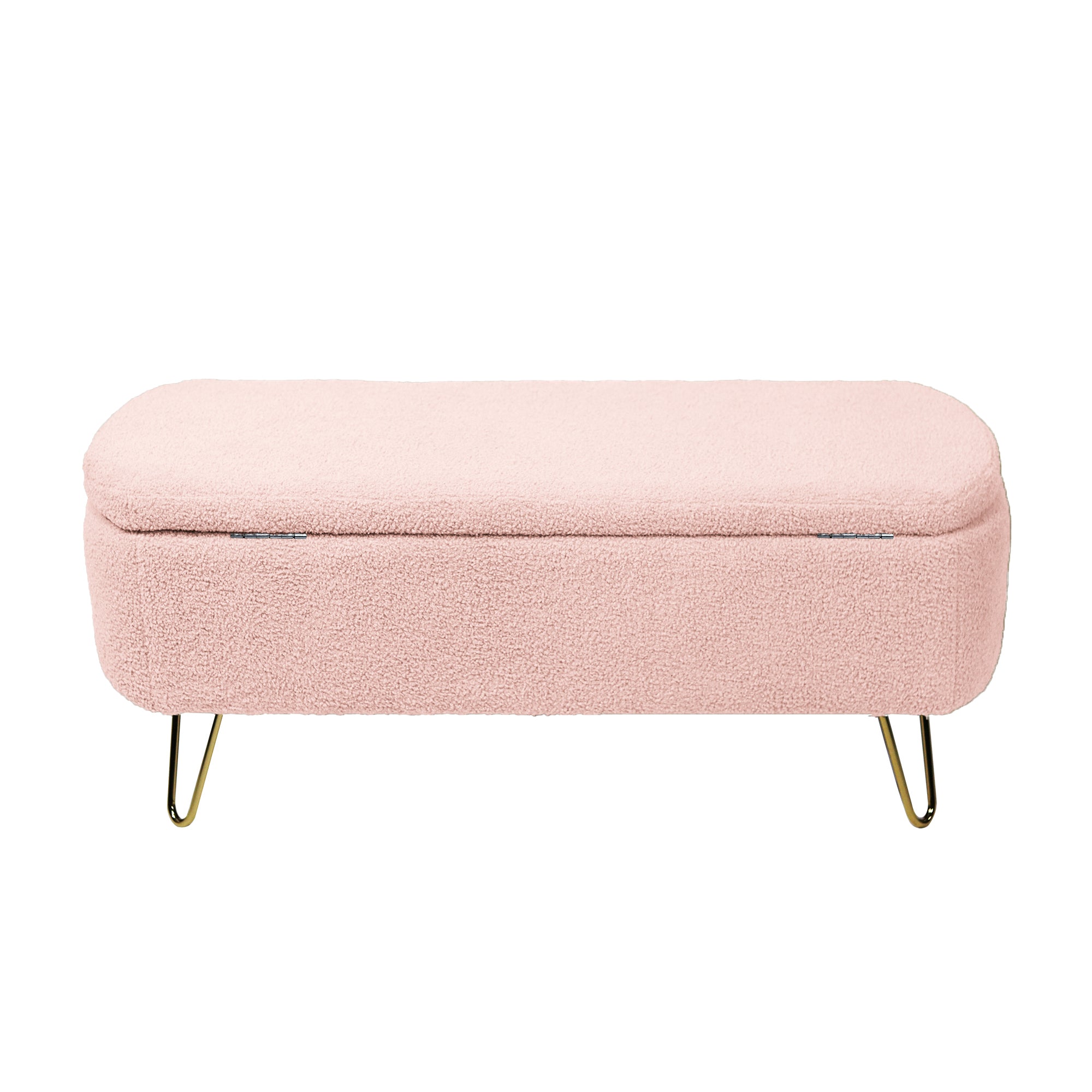 Pink Storage Ottoman Bench for End of Bed Gold Legs, Modern Grey Faux Fur Entryway Bench Upholstered Padded with Storage for Living Room Bedroom - Grand Goldman Shop