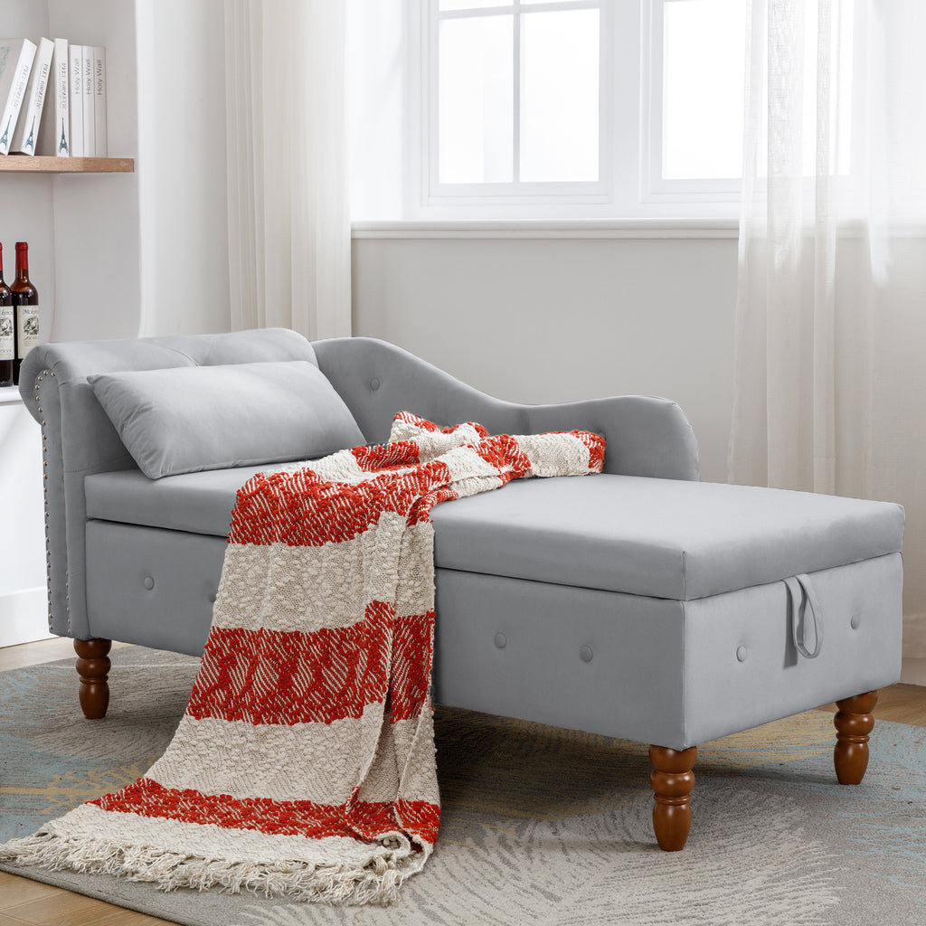 Grey Chaise Lounge Indoor, Velvet Lounge Chair for Bedroom with Storage & Pillow, Modern Upholstered Rolled Arm Chase Lounge for Sleeping with Nailhead Trim for Living Room Bedroom Office - Grand Goldman Shop