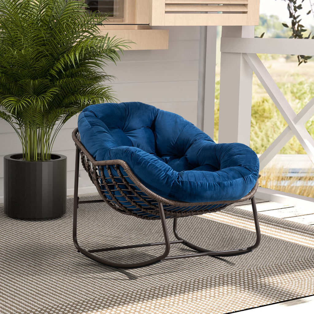 Outdoor Rattan Rocking Chair,Padded Cushion Rocker Recliner Chair Outdoor for Front Porch, Living Room, Patio, Garden, Navy Blue - Grand Goldman Shop