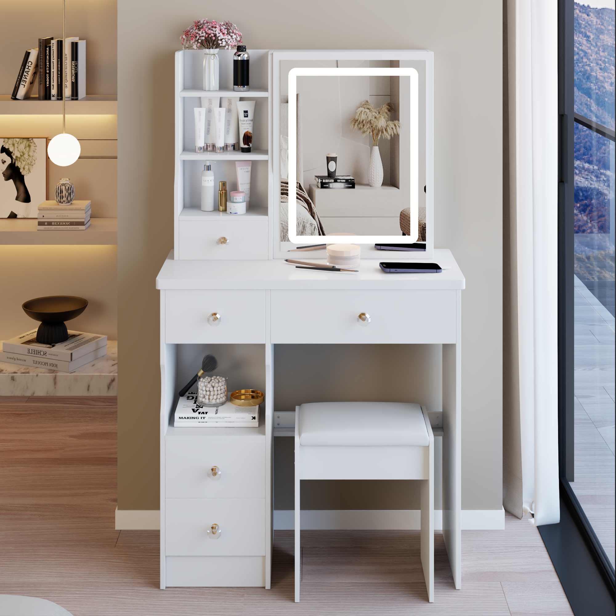 29.2' Small Size Left Drawer Desktop Vanity Table + Cushioned Stool, Large Sliding, Touch Control, Tri-color Switching, Brightness Adjust LED Mirror, High Capacity Storage, Suitable for Small Space - Grand Goldman Shop