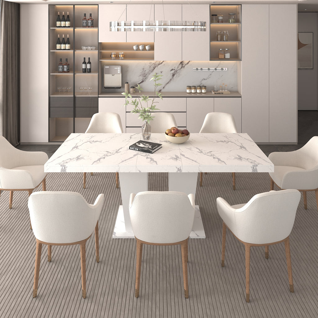 Extendable Dining Room Table for 6-10 Modern White Faux Marble Wooden Expandable Kitchen Table w/Dual Column Pedestal Base, Large Rectangle Dining Table - Grand Goldman Shop