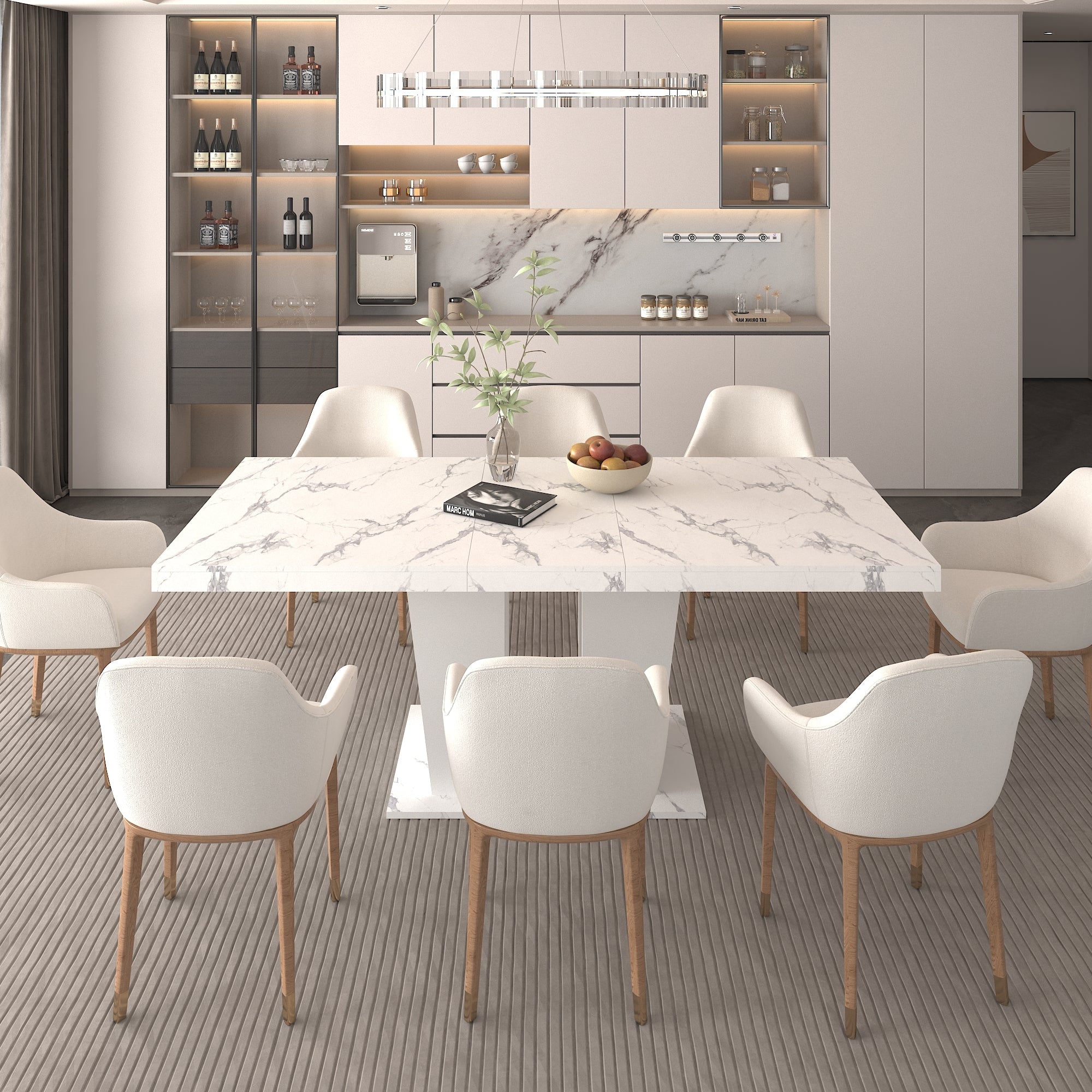 Extendable Dining Room Table for 6-10 Modern White Faux Marble Wooden Expandable Kitchen Table w/Dual Column Pedestal Base, Large Rectangle Dining Table - Grand Goldman Shop