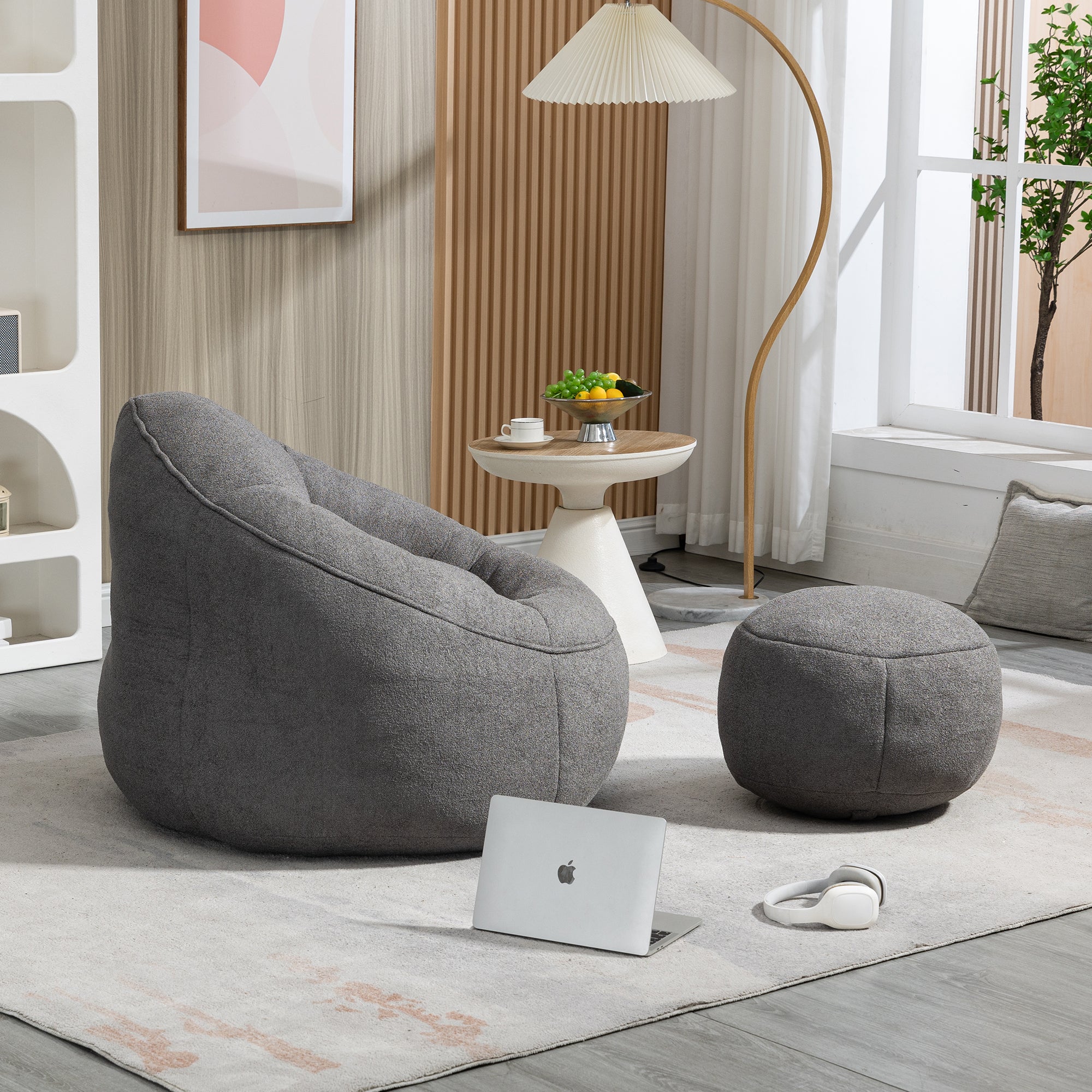Bedding Bean Bag Sofa Chair with High-Pressure Foam and Footrest, Grey Microfiber - Grand Goldman Shop