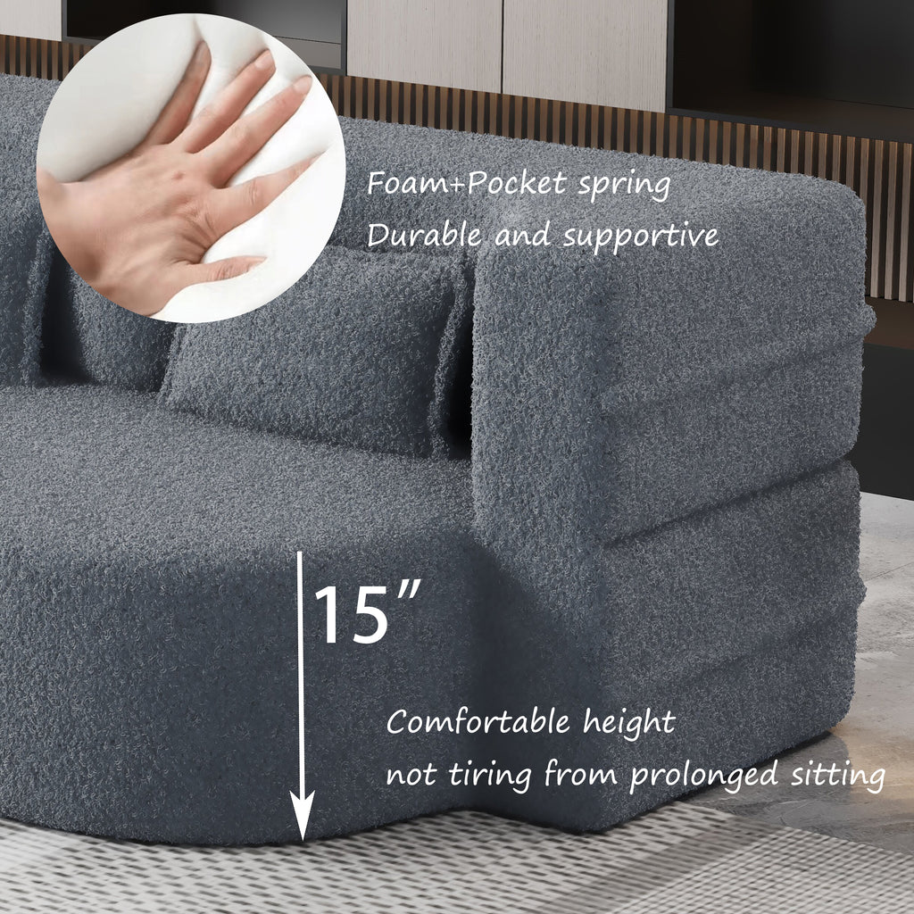 Modern Floor Sofa, with 2 Pillows, Convertible Teddy Fabric Foam Filled Bed, 15 inch Full Size Folding Mattress, Suitable for Living Room, Guest room, Game Room, Grey - Grand Goldman Shop