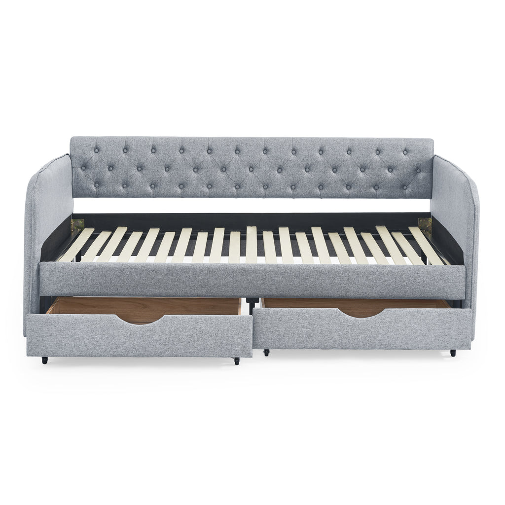 Linen Grey Mid-Century Style Twin Daybed with Trundle and Storage Drawers, Flat Arms with Pocket, Extendable for Bedroom or Living Room - Grand Goldman Shop