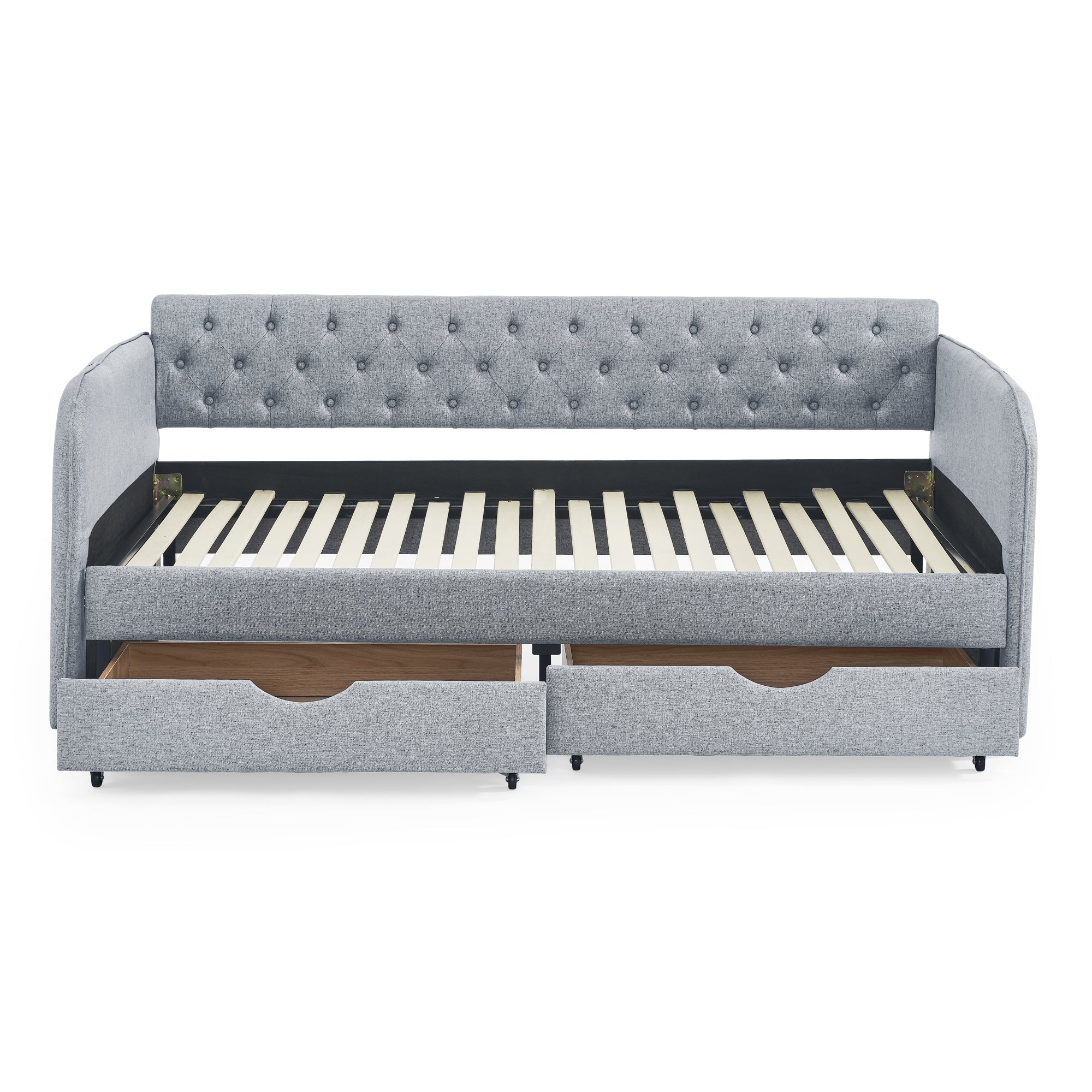 Linen Grey Mid-Century Style Twin Daybed with Trundle and Storage Drawers, Flat Arms with Pocket, Extendable for Bedroom or Living Room - Grand Goldman Shop