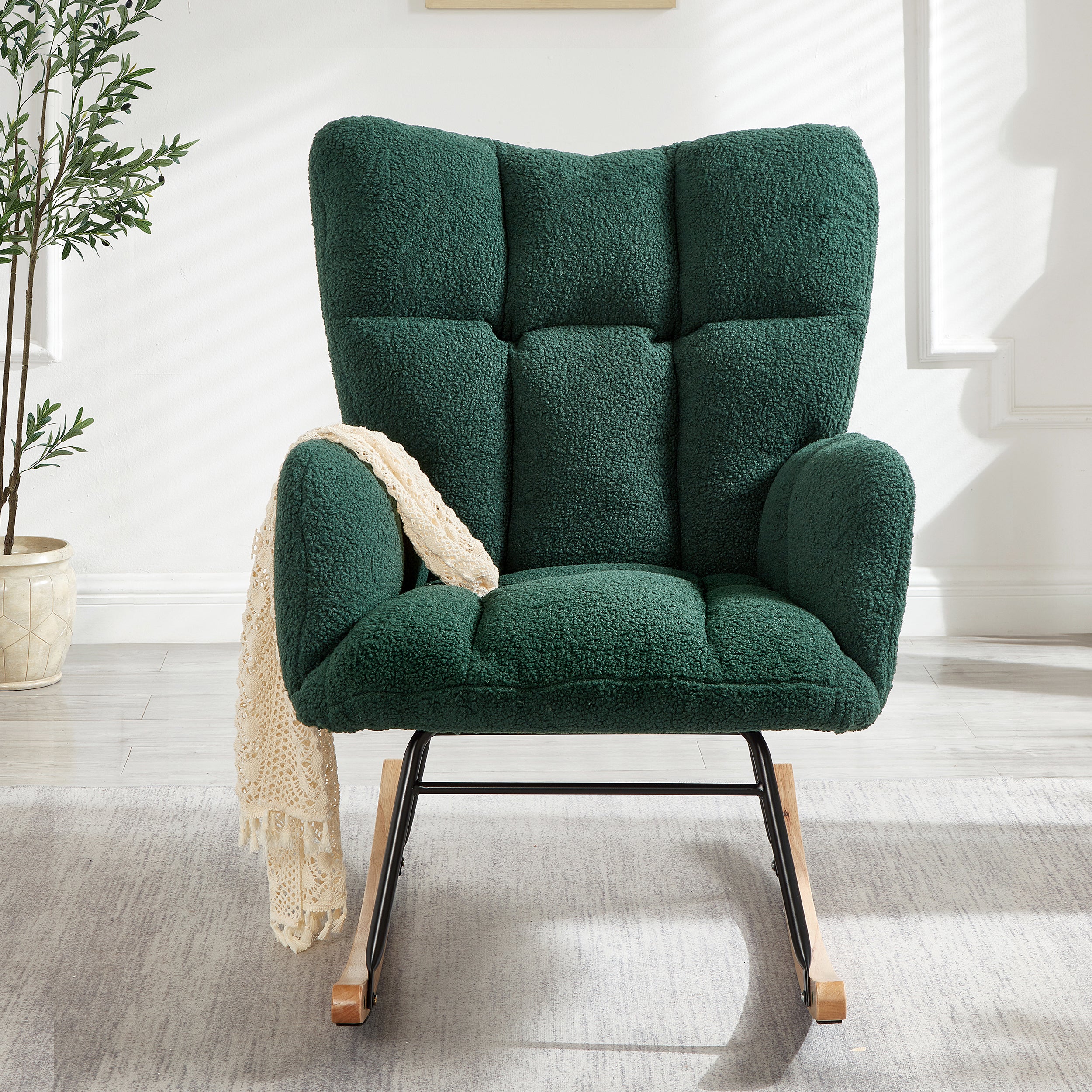 Glider Chair for Living Room Tufted Upholstered Teddy Fabric Rocking Chair with Metal Frame Accent Chair Green - Grand Goldman Shop
