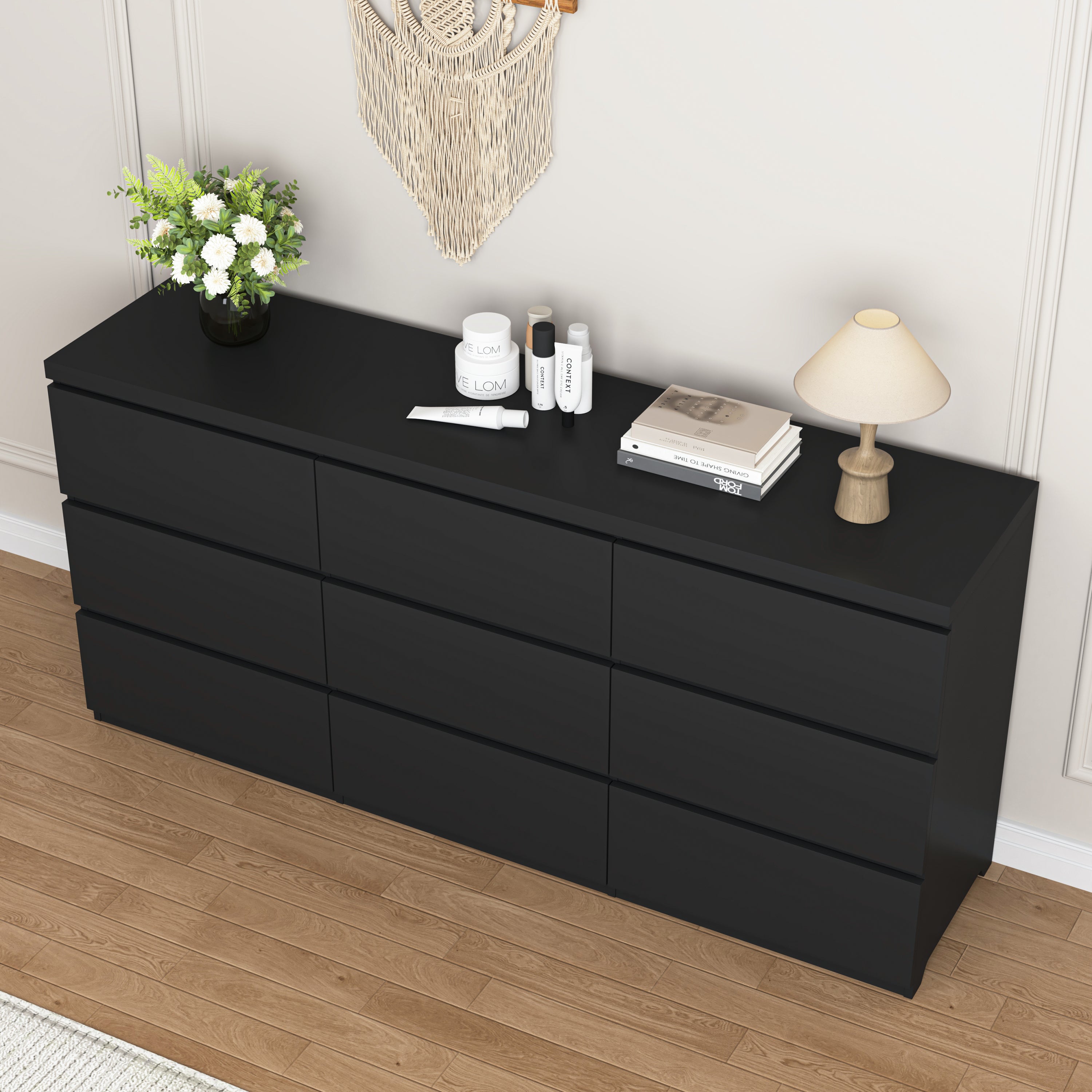 9 Drawer Dresser with No Handle Design, Modern Black Matte Wood Dresser for Bedroom, Storage Chest of Drawers for Living Room, Hallway, Entryway - Grand Goldman Shop