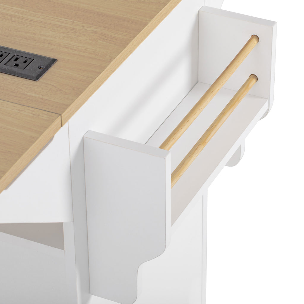 K&K 55.5' Fluted Kitchen Island with 2 Drop Leaf, Kitchen Storage Cart with Power Outlet, 4 Doors, Spice rack, Rolling Island Table with Wood-grain Top, Curved Edge for Kitchen, Dining Room,White - Grand Goldman Shop
